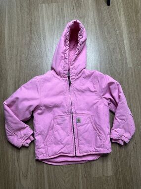 Carhartt Toddler Pink Sherpa Lined Hooded Jacket Zip Coat XXS (4–5) Cozy Warm